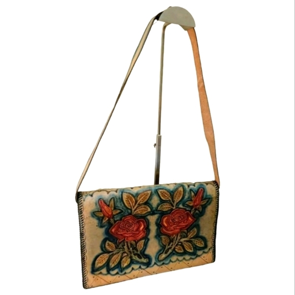Handmade Shoulder Bag Brown Leather Embossed Floral Rose Pattern Handpainted
